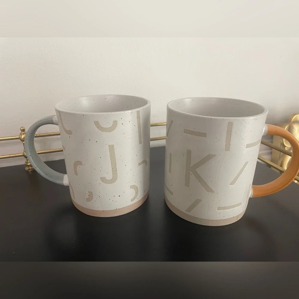 West Elm Confetti Geometric Coffee Mugs Cups Initials J K Pottery Neutral Colors